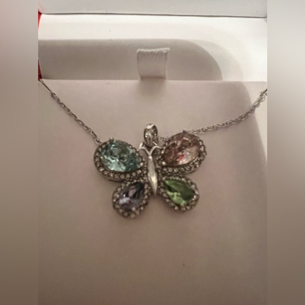NEW Butterfly necklace.  semi precious stones with cz on silver chain